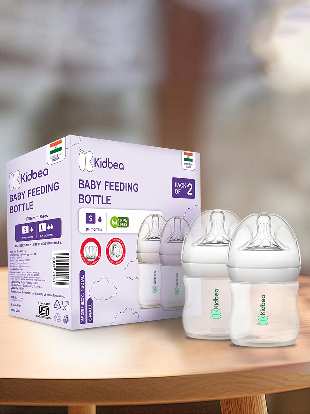 Kidbea 2Pcs Natural Milk Feeding Bottles - 150 ml each