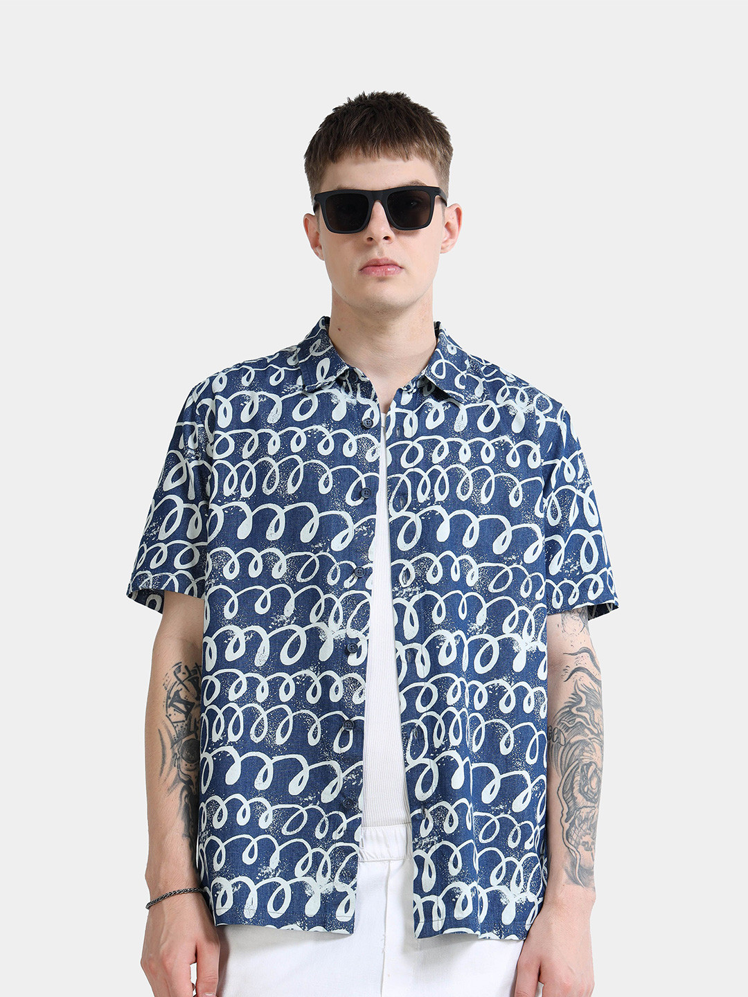 StitchX Men Short Sleeve Scribble Abstract Printed Shirt Denim Blue