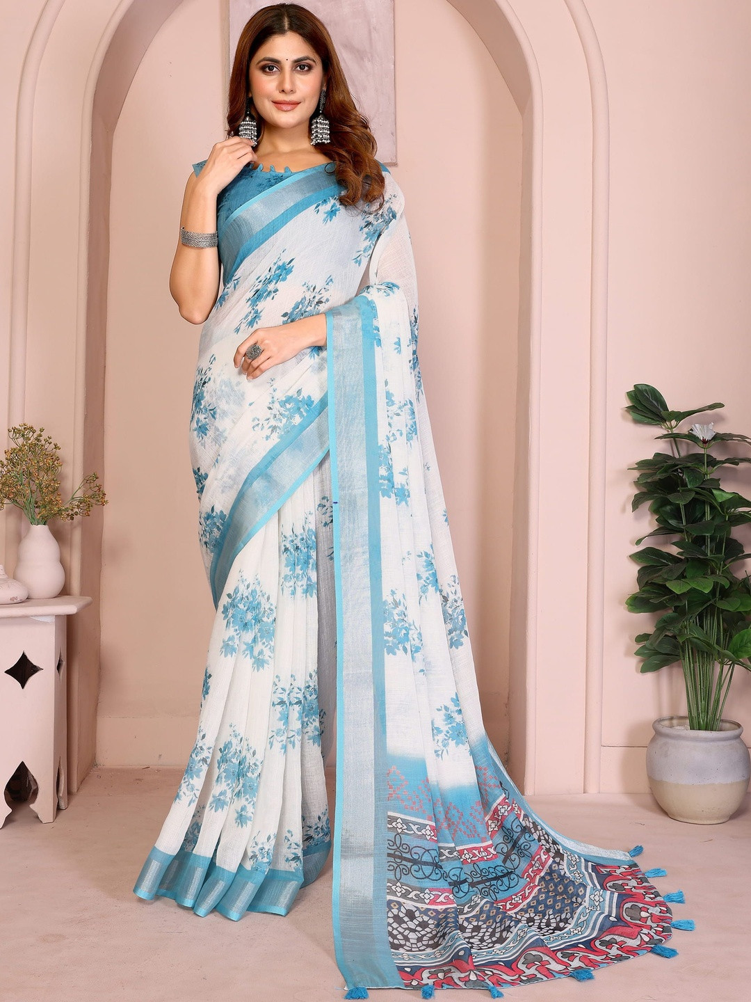 V3 FASHION STUDIO White Floral Zari Linen Blend Bhagalpuri Saree