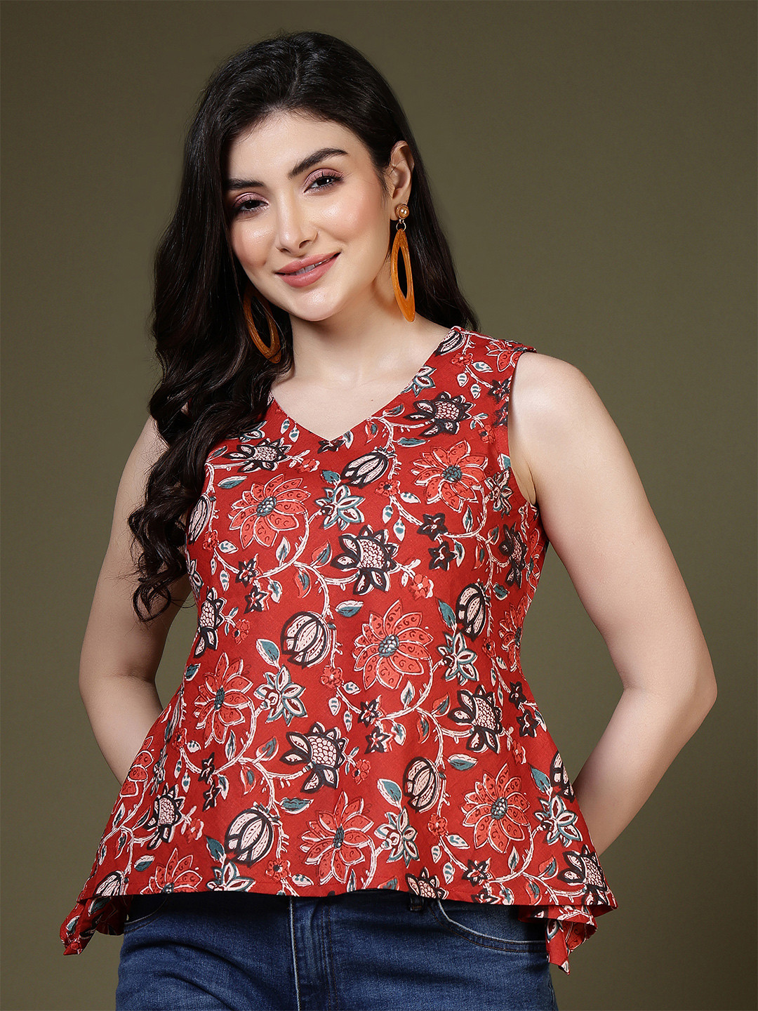 SZN Women Red Cotton Printed Tops