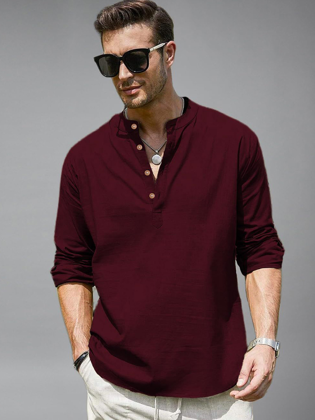 Vida Loca Men Mandarin Collar Roll-Up Sleeves Cotton Straight Kurta