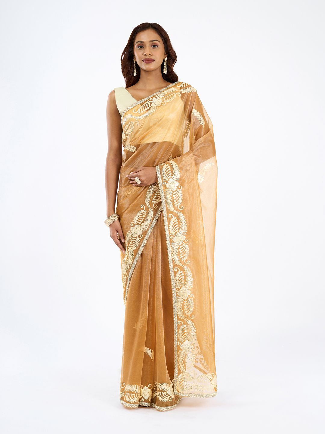TEEJH Raunaq Peach Orange Ethnic Motifs Gotta Patti Net Saree