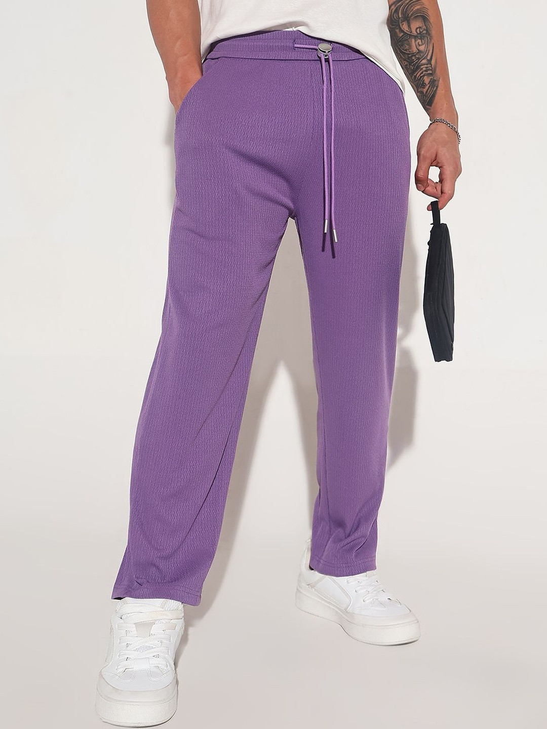 SHOWOFF Men Purple Cotton Relaxed Low-Rise  Trousers With Drawstring