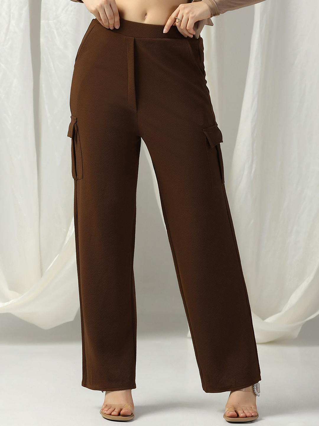 Selvia Women Wide Leg Mid-Rise Flat-Front Cargos Trousers