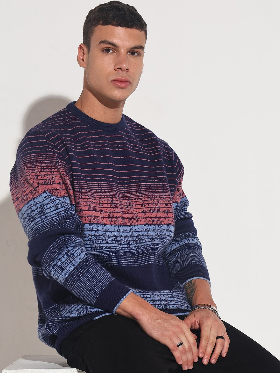 SHOWOFF Men Navy Blue & Red Striped Ribbed Round Neck Acrylic Pull Over Sweater