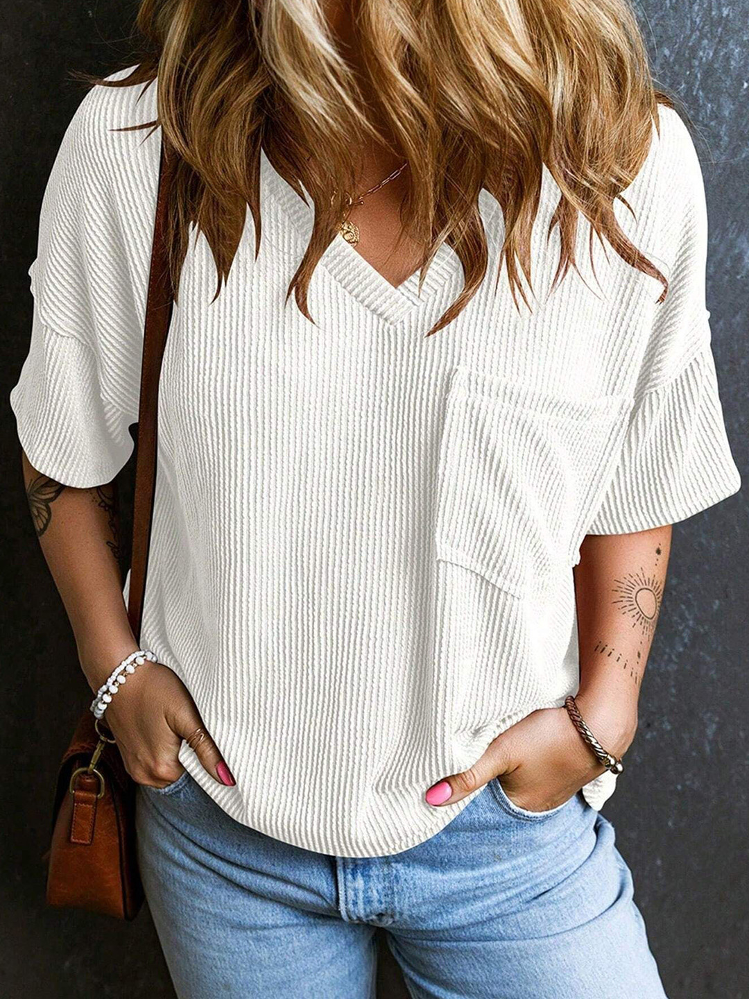 StyleCast Women Solid V-Neck Regular Top with Utility Pockets