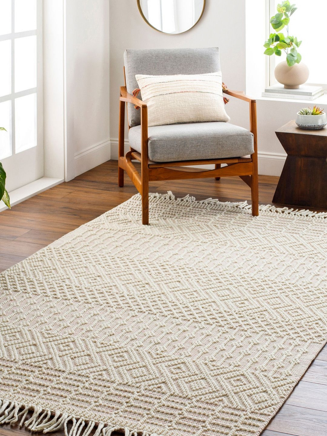 Surya Living Cream-Coloured Geometric Self Design Woollen Anti-Skid Carpet