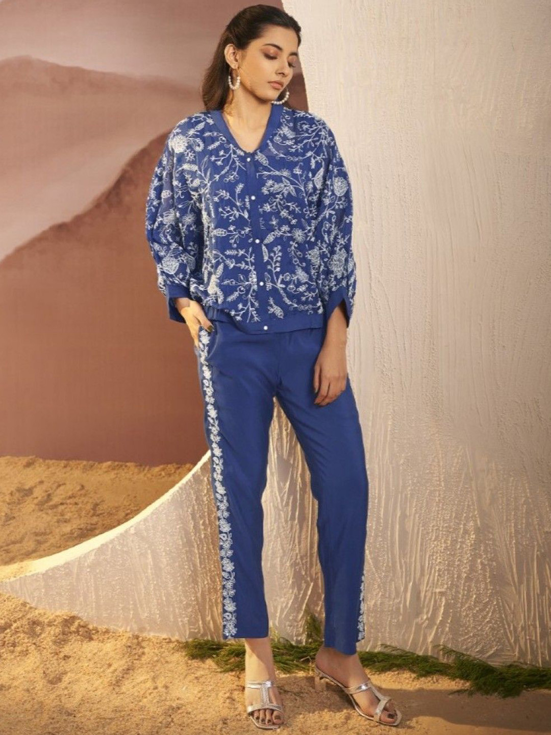 AUTUMN LANE Kimaya Azure Embroidered V-Neck Shirt With Trousers Co-Ords