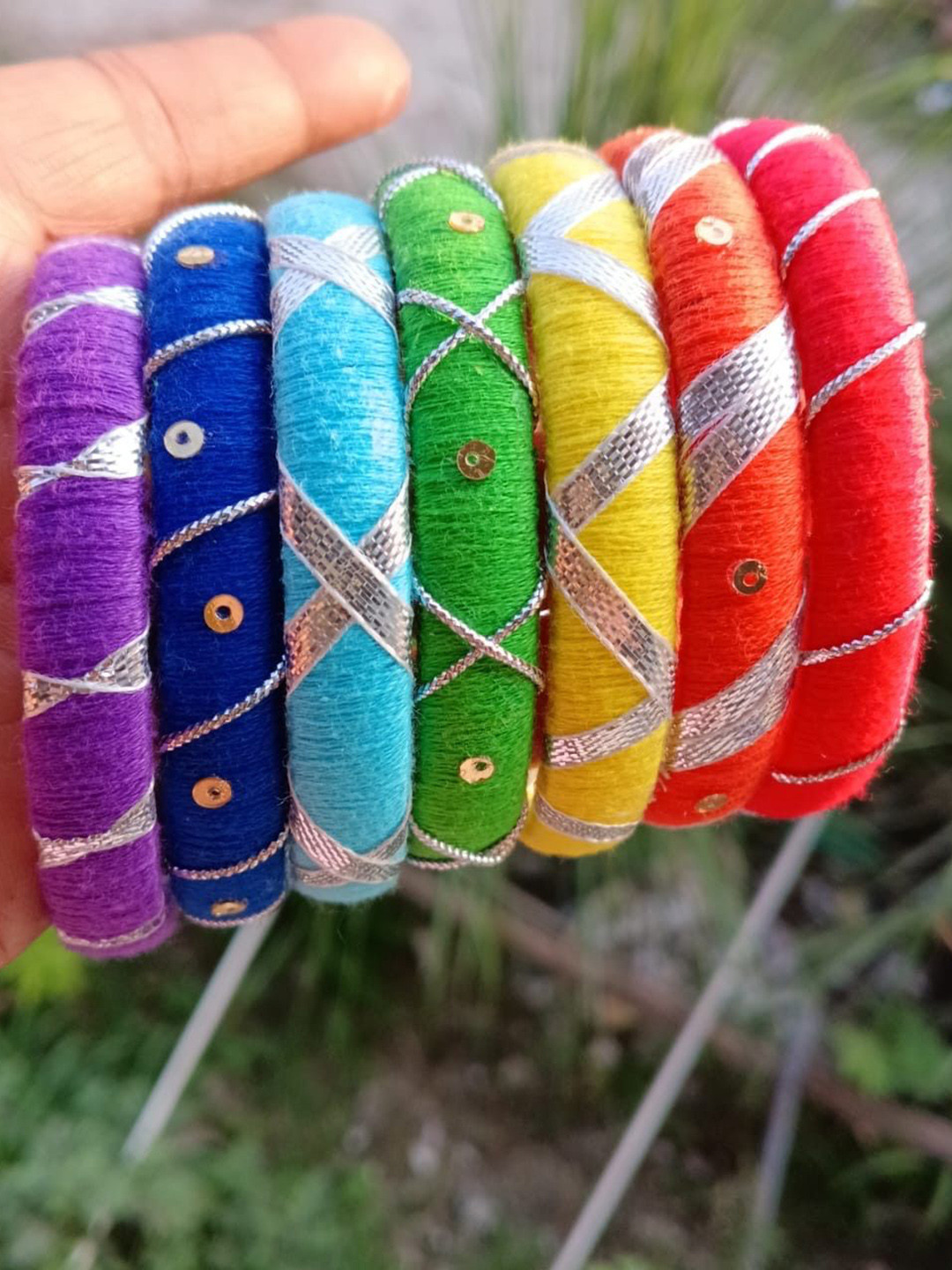 Moyzikh Set Of 7 Sterling Silver Thread Work And Sequence Design Bangles