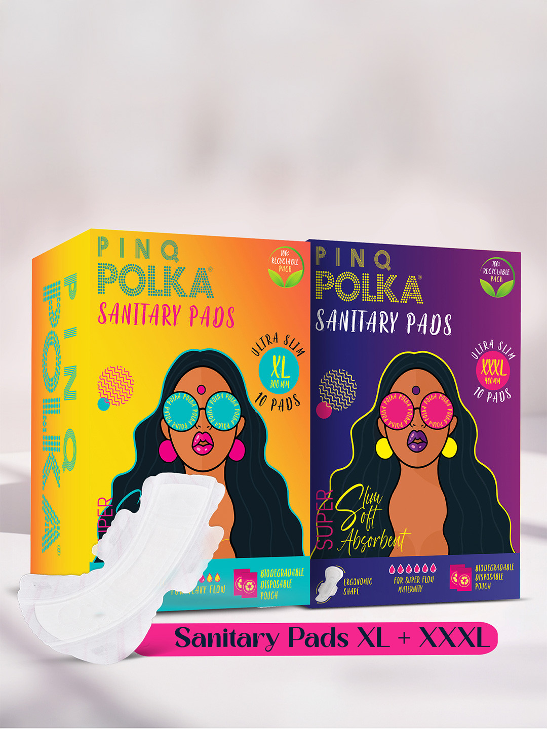 PINQ POLKA Set of 2 Premium Organic Ultra Thin XXL & XL Sanitary Pads - 10 Pcs Each