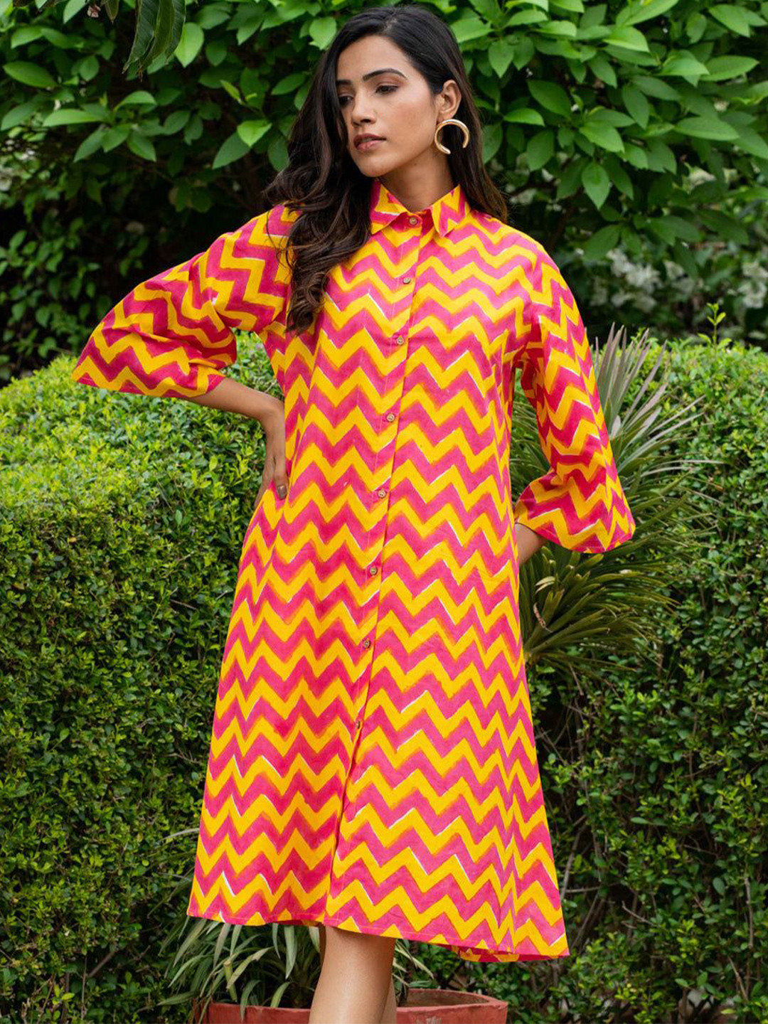 PHUTARI Women Candy Aye Line Printed Cotton Flared Sleeve Shirt Knee Length Dress