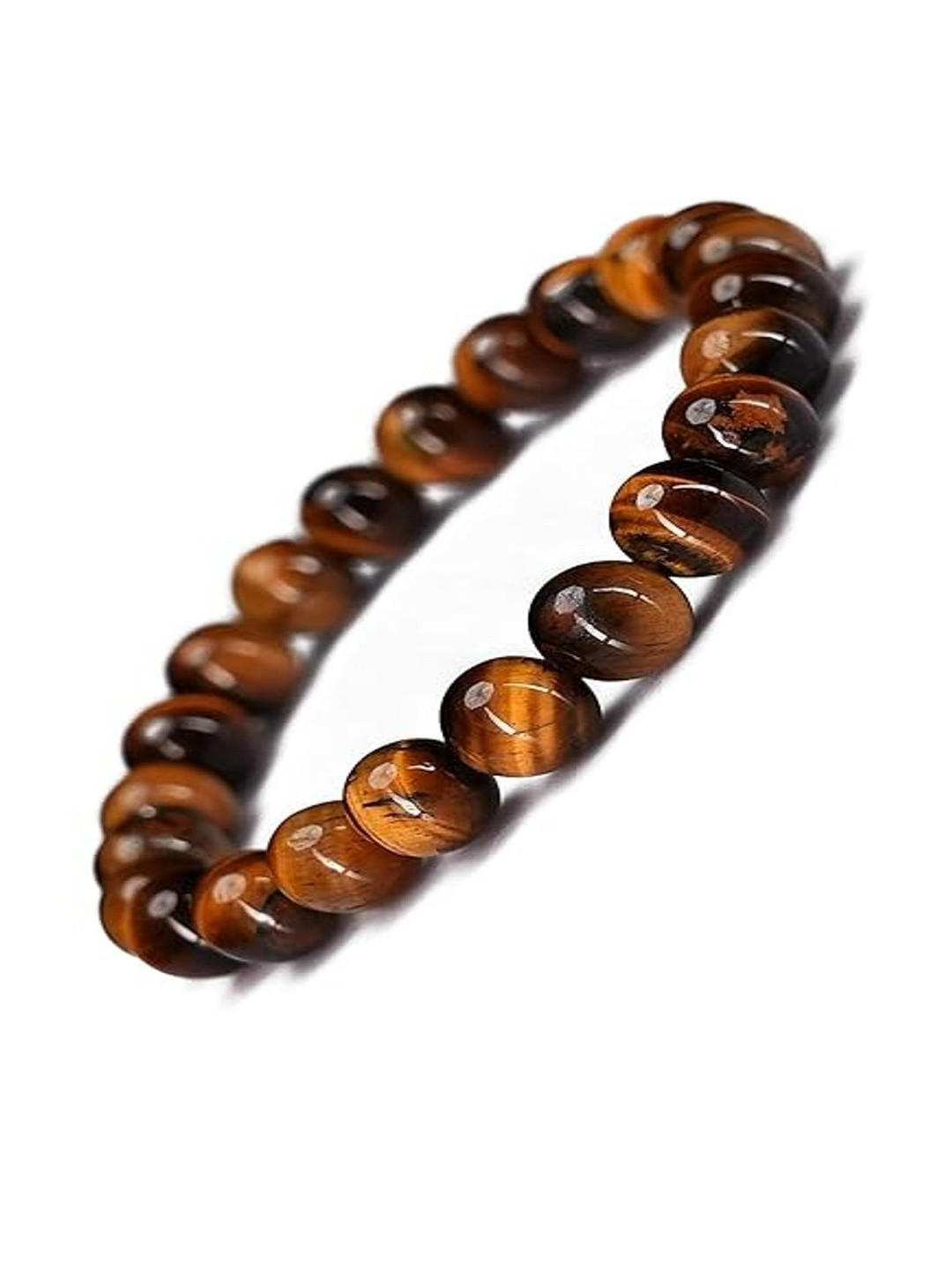 EPSAA Unisex Brown Tigers Eye Beaded Metal Elasticated Slip On Bracelet