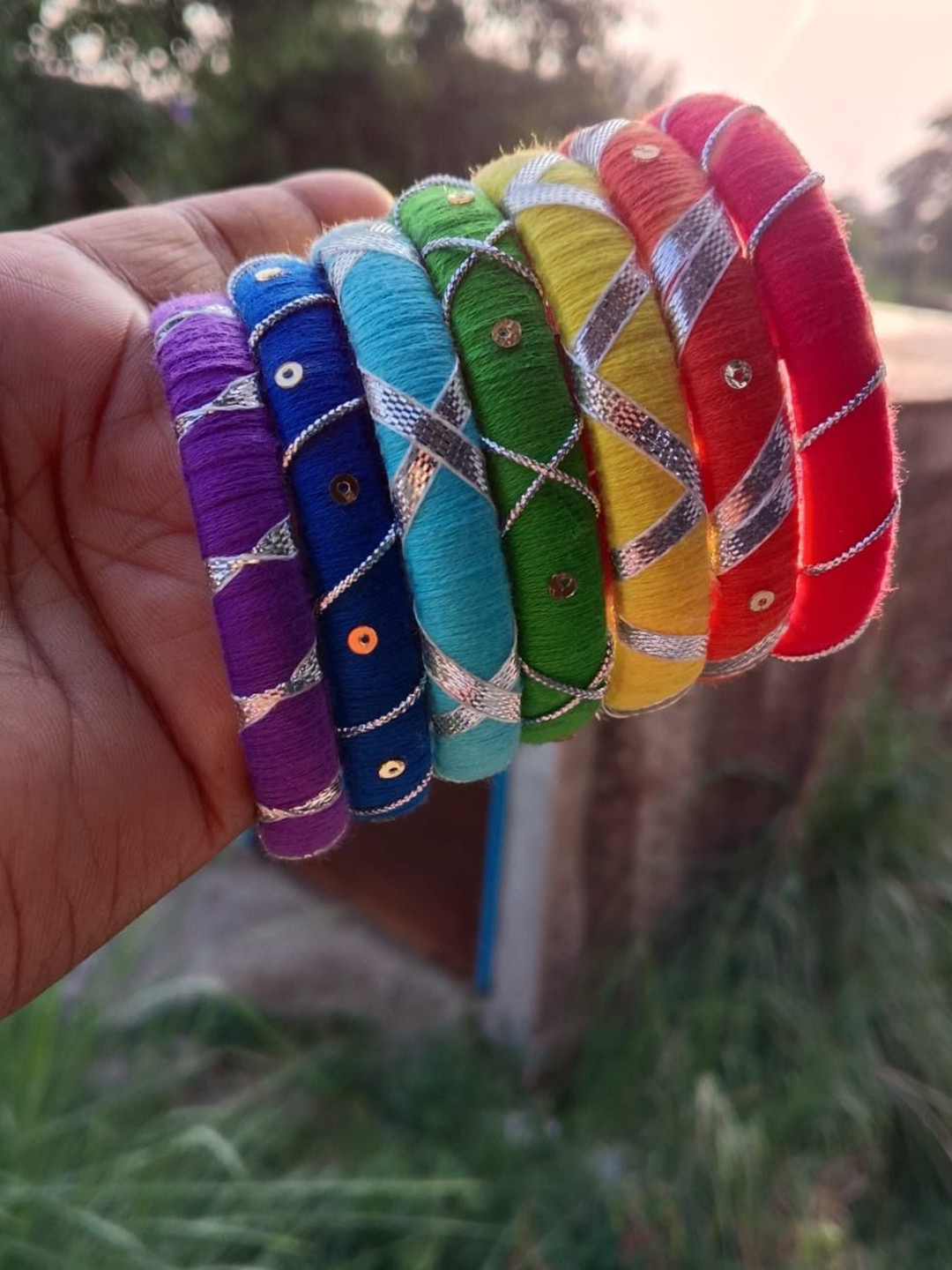 Cruister Set Of 7 Sterling Silver Thread Work With Sequins Bangles