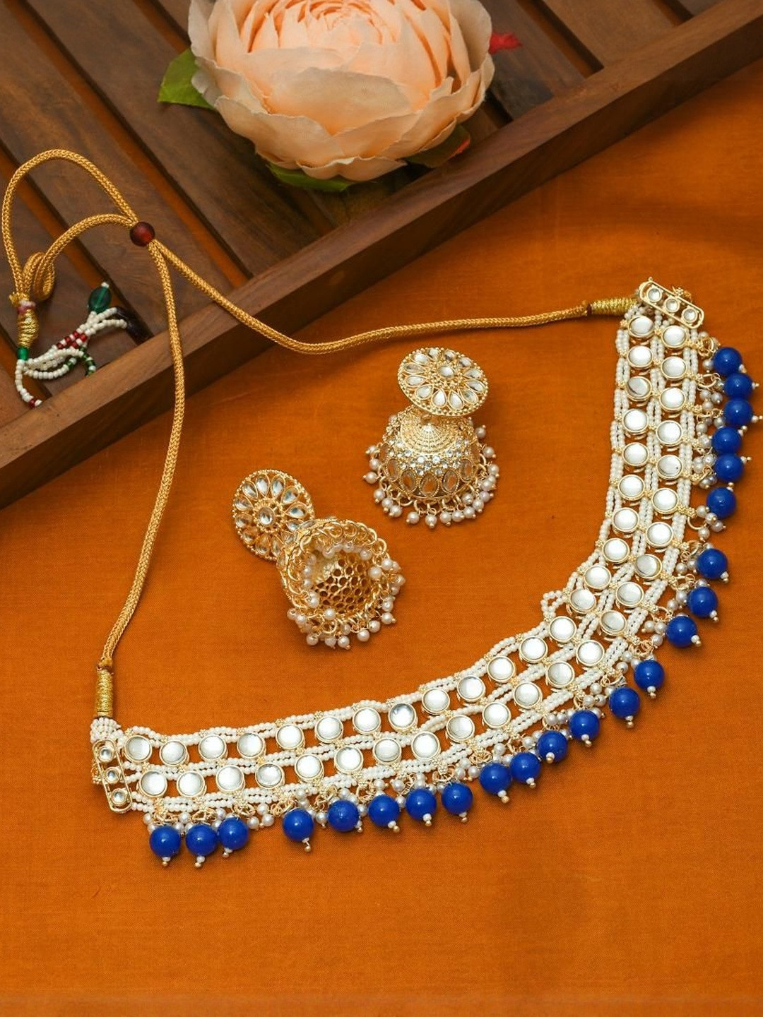 flying beads Women Blue With Kundan & Artificial Beads Jewellery Set
