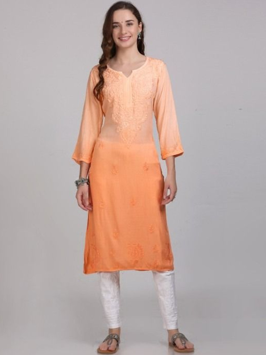 MALABIS Women Orange & Peach Ethnic Motifs Chikankari Dyed Viscose Rayon Kurta