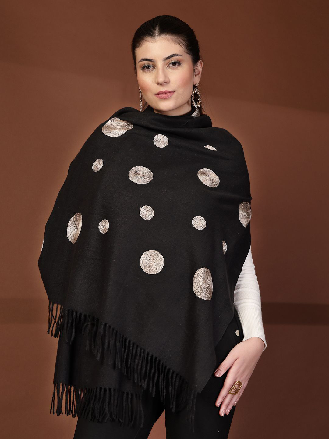 Mafadeny Women Polka Dot Fringe Border Stole