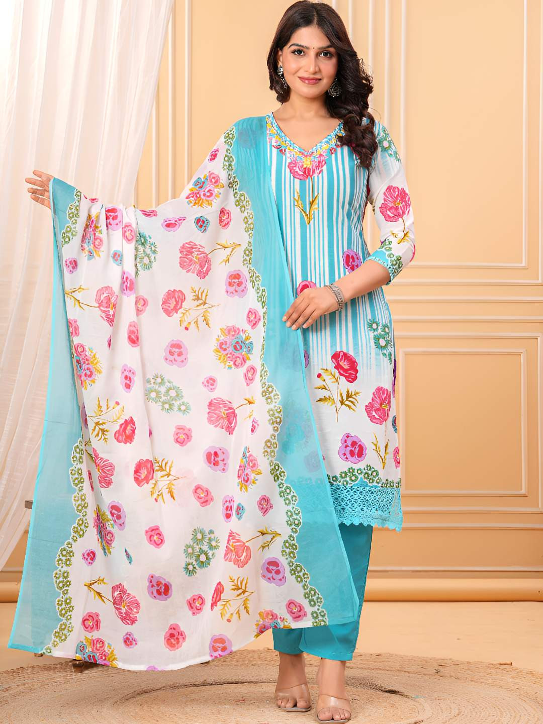 AFFO Women Floral Printed Cotton Kurta with Trousers & Dupatta