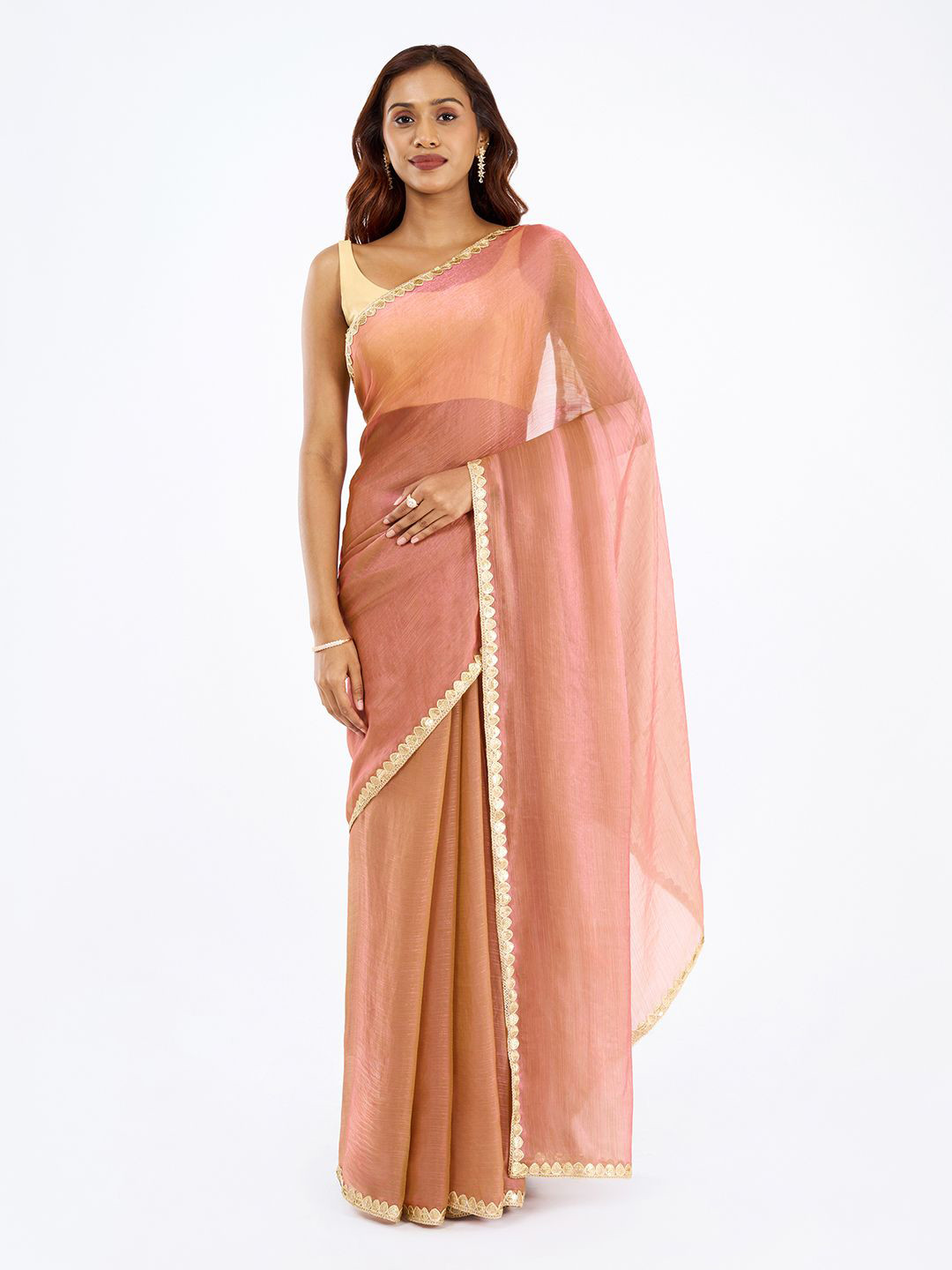 TEEJH Sharvika Onion Pink Shimmer Chiffon Saree