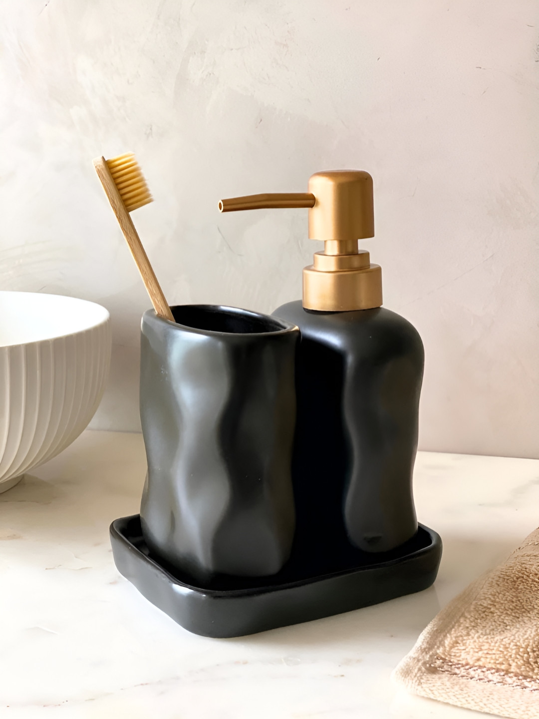 Mason Home Black & Gold-Toned 3 piece Solid Ceramic Soap Dispenser