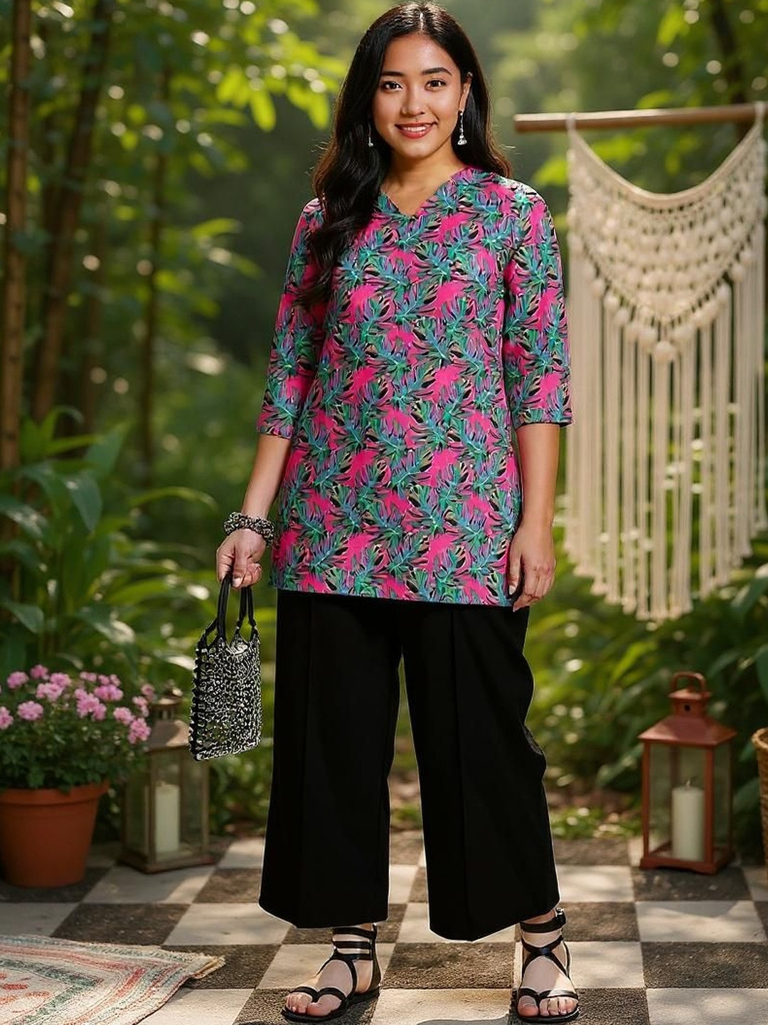 SZN Women Blue & Pink & Green Leaf's Printed Kurti