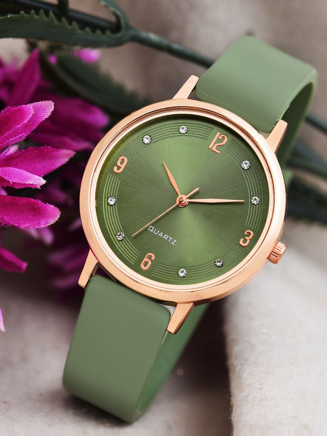 PAPIO Women Embellished Dial & Leather Straps Analogue Watch OP-138_GREEN