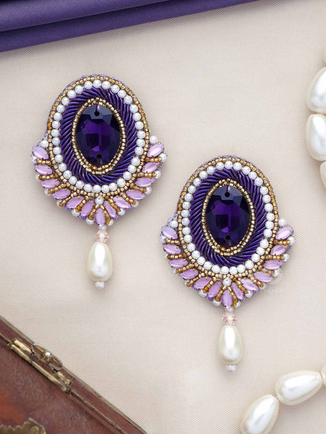 EVERSTYLISH Sanjoya Vilohita Gold-Plated Stones Studded & Beaded Circular Drop Earrings