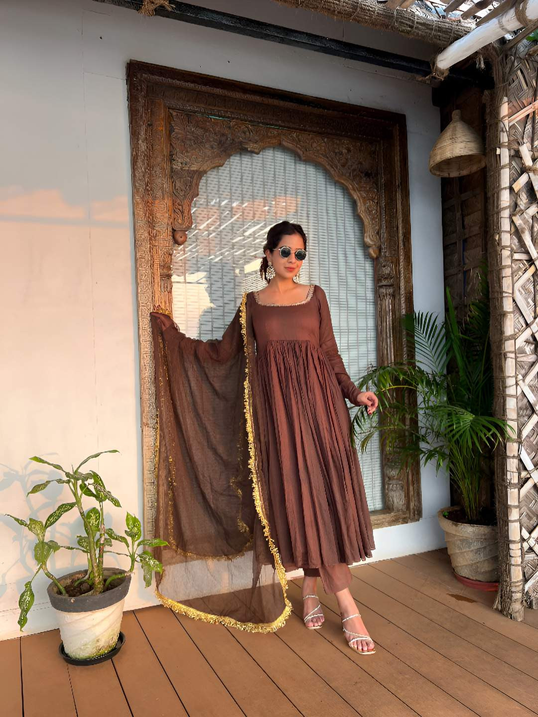 Brand Hill Women Pleated Pure Cotton Kurta with Trousers & Dupatta