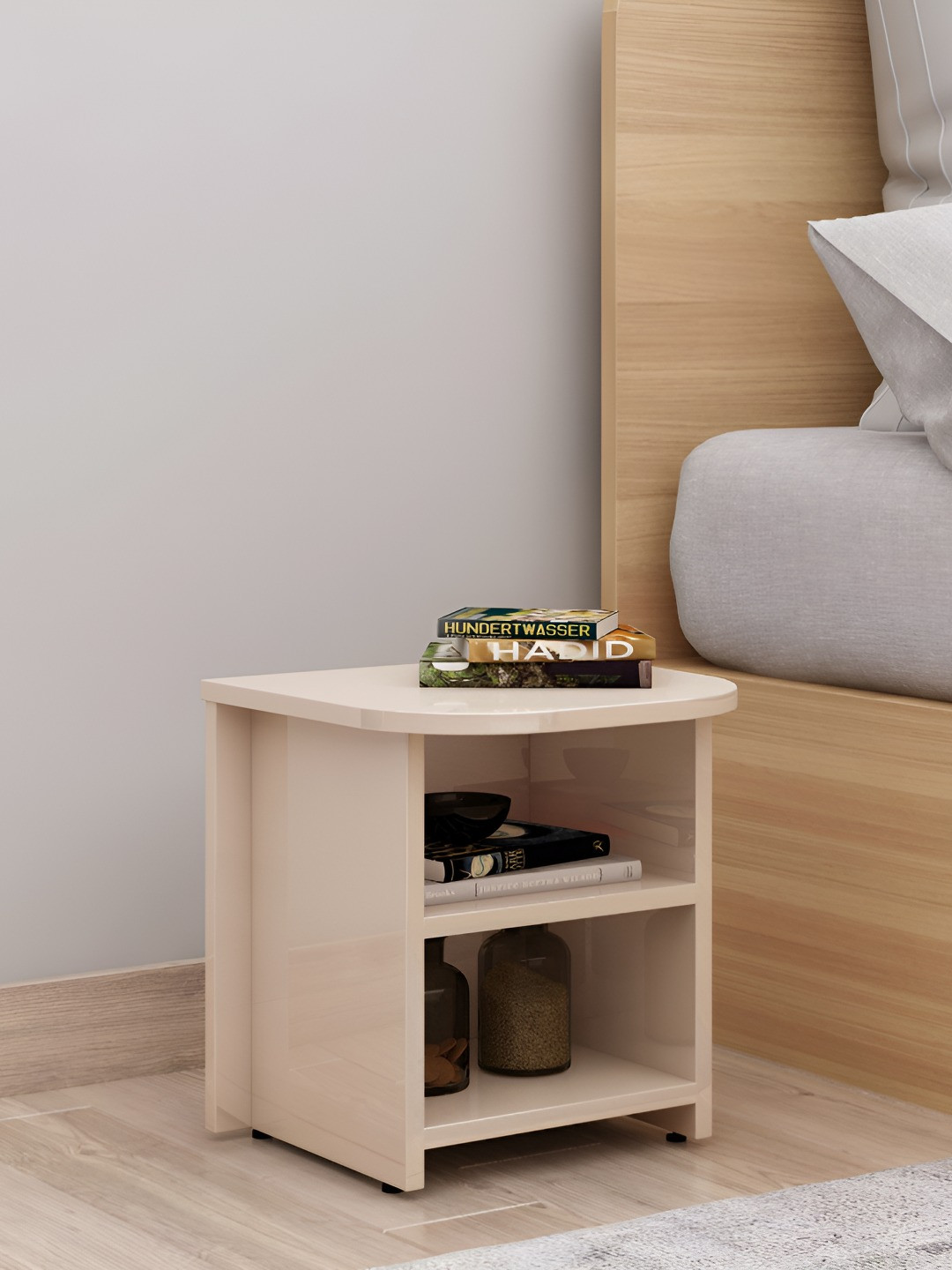 Crystal Furnitech Cream-Colored Textured Wooden Rectangle Bedside Table