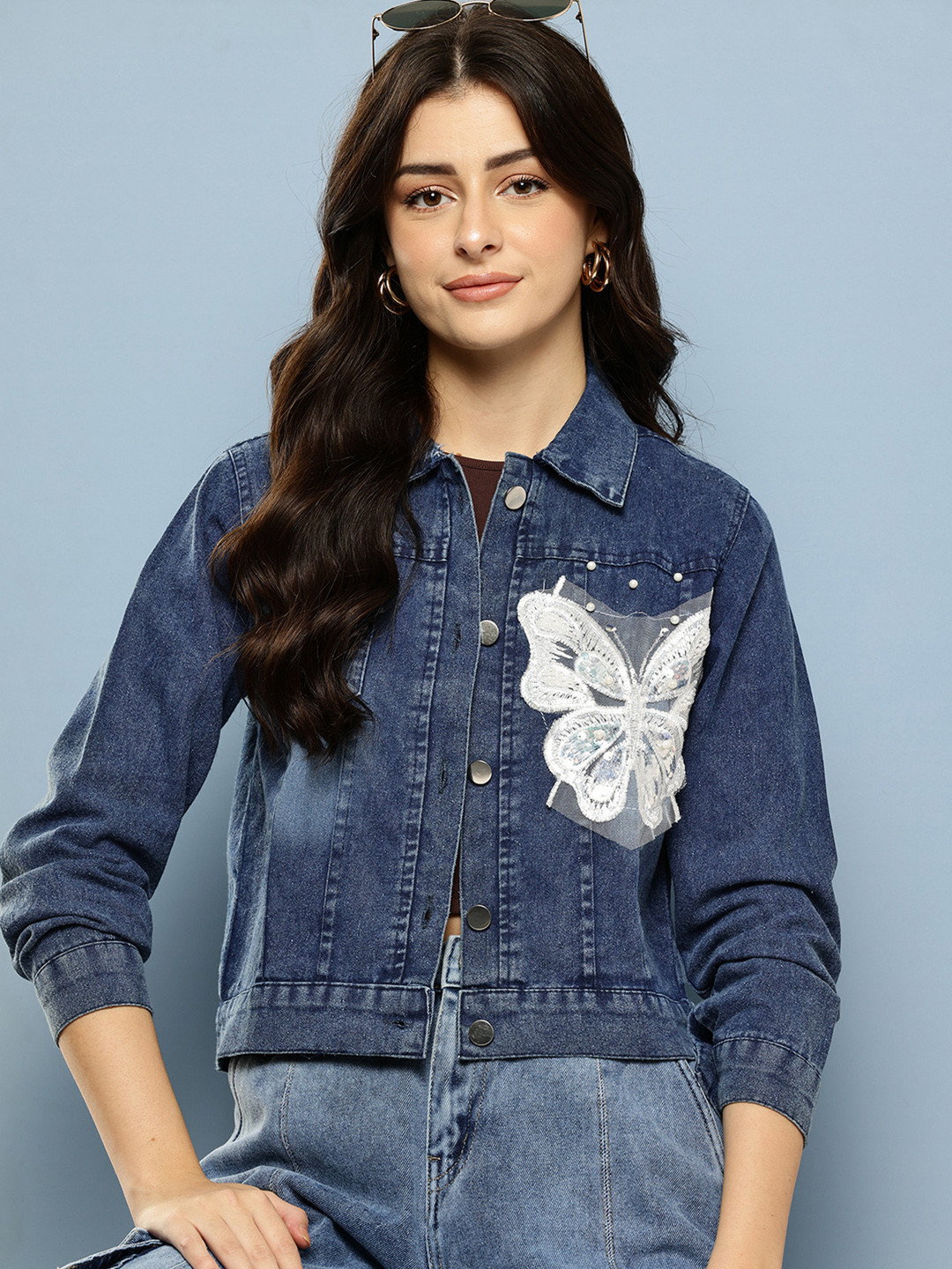 Aarika Conversational Embroidered Crop Denim Jacket with Embellished Detail