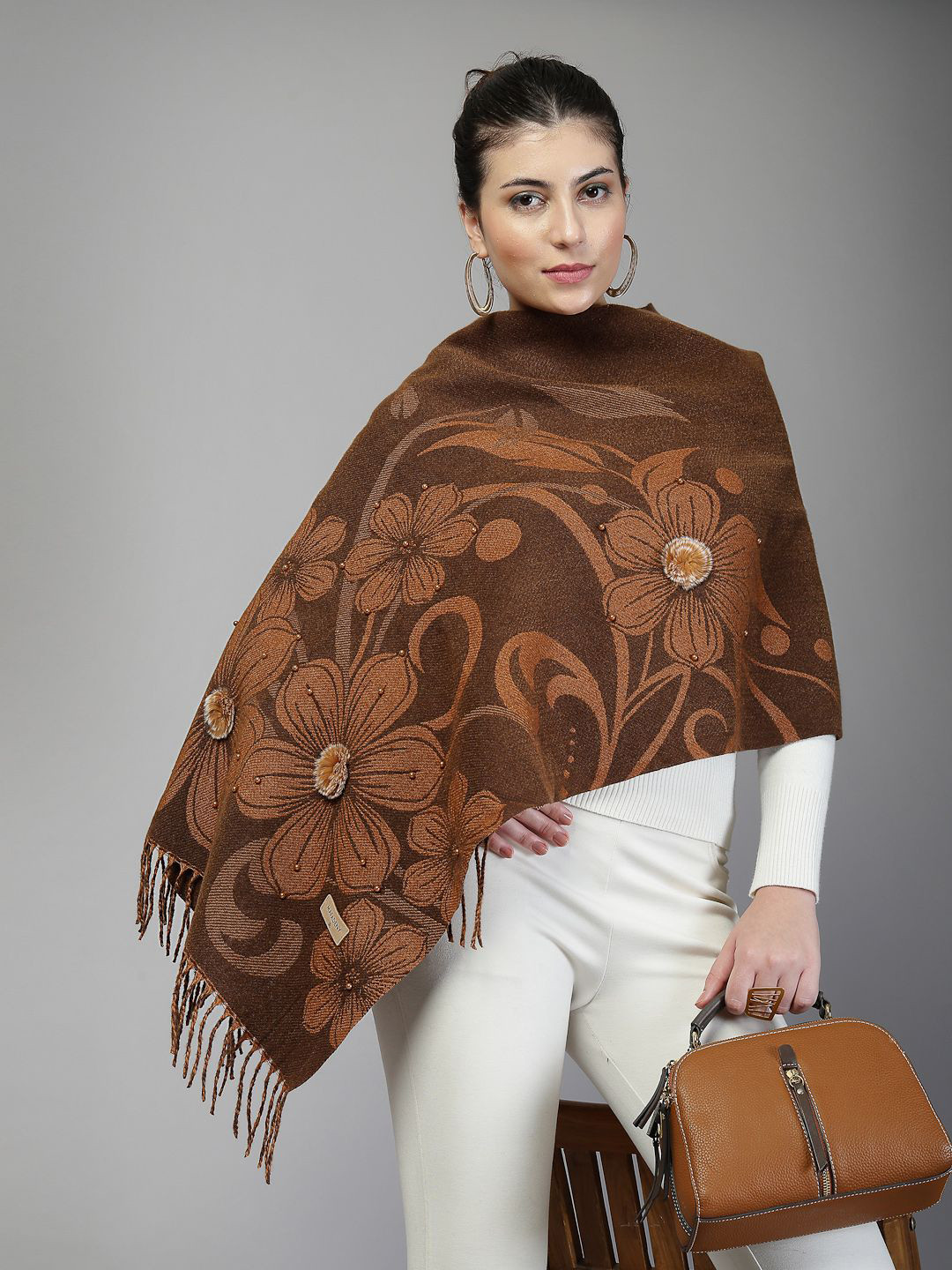 Mafadeny Women Floral Printed Stole with Small Beads