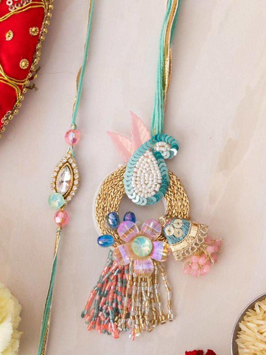 Sangria Set of 2 Multicolor Peacock Lumba Rakhi Set for Bhaiya & Bhabhi