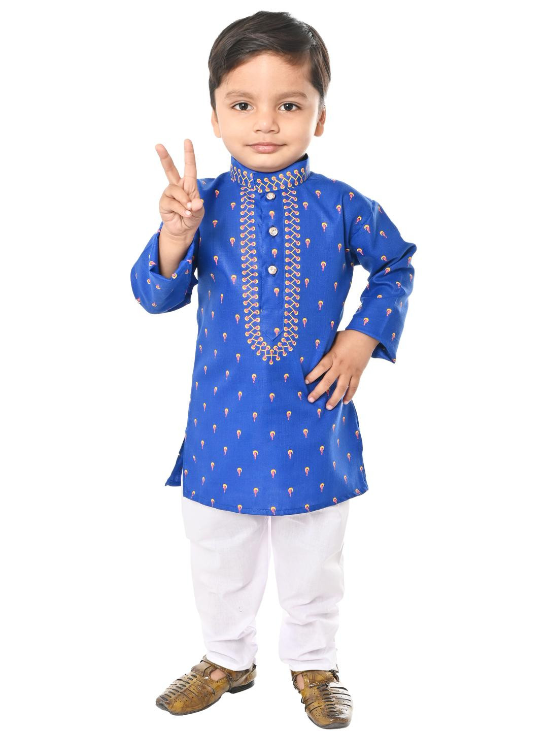 HUMAN CHOICE Boys Blue Cotton Blend Printed Kurta & Pyjamas