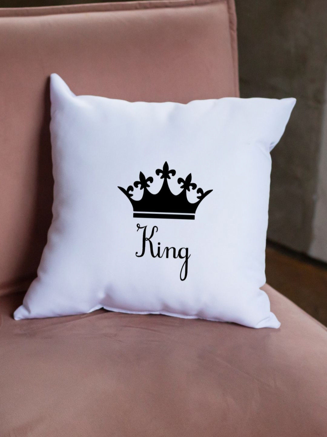 Loops n knots White & Black King Crown Printed Square Shaped Pre-Filled Cushion