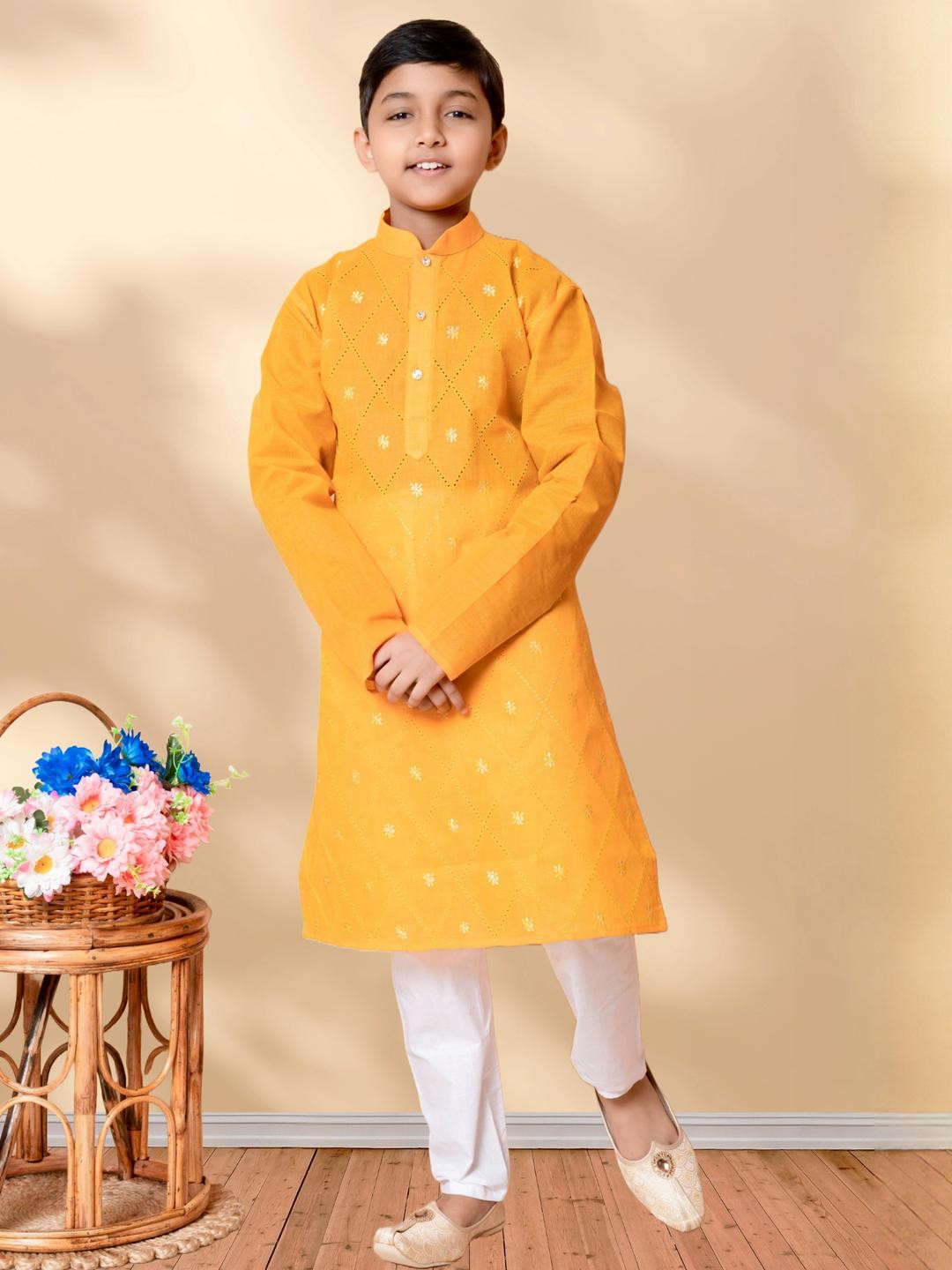 HUMAN CHOICE Boys Yellow Pure Cotton Embroidered Kurta & Pyjamas
