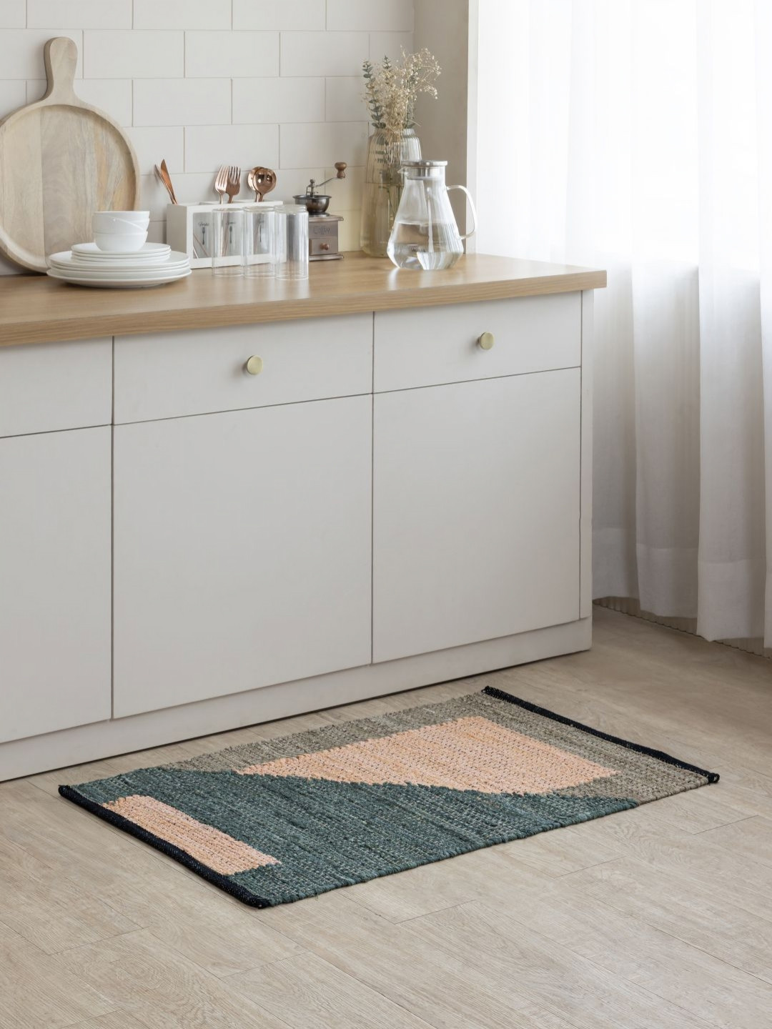 THEGASBH Green & Peach-Colored Self-Design Cotton Doormat