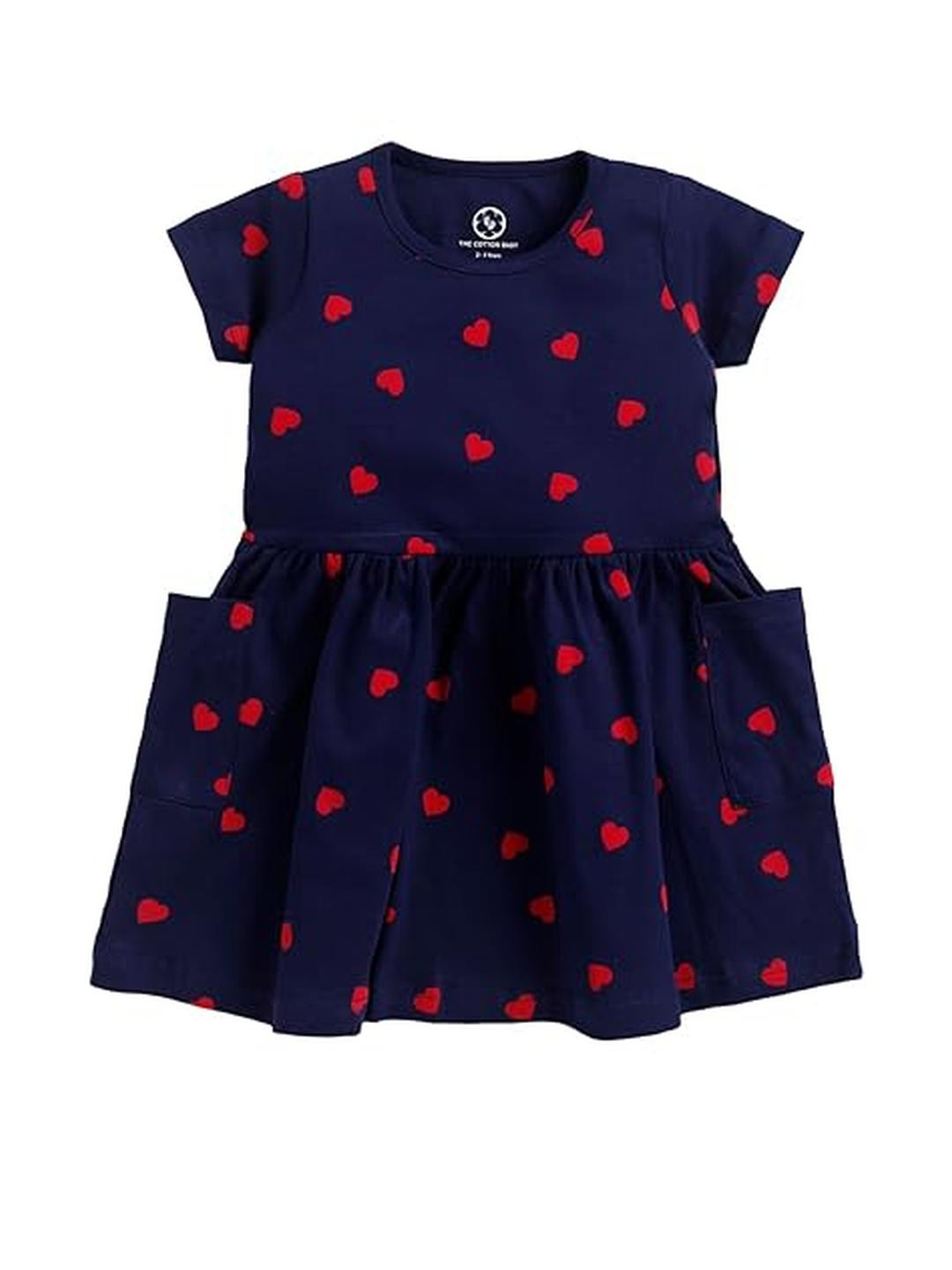 THE COTTON Girls Cotton Blue & Red Heart Print A-Line Midi Dress