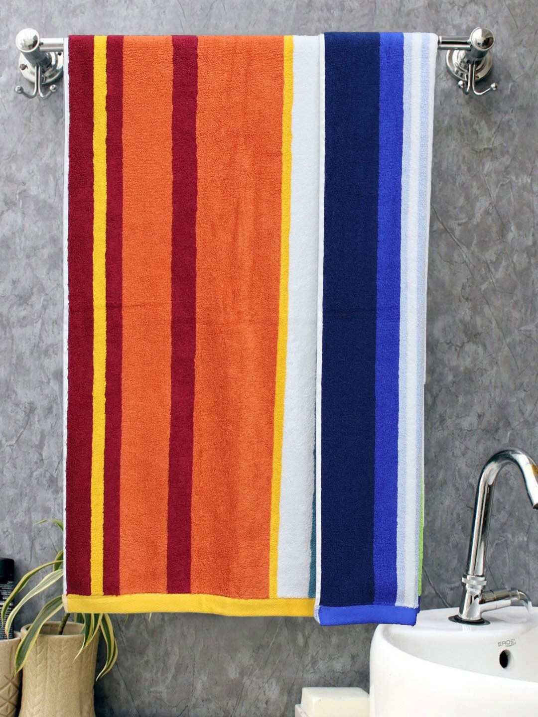 BOMBAY DYEING Orange & Blue Striped Pure Cotton 550 GSM Bath Towel