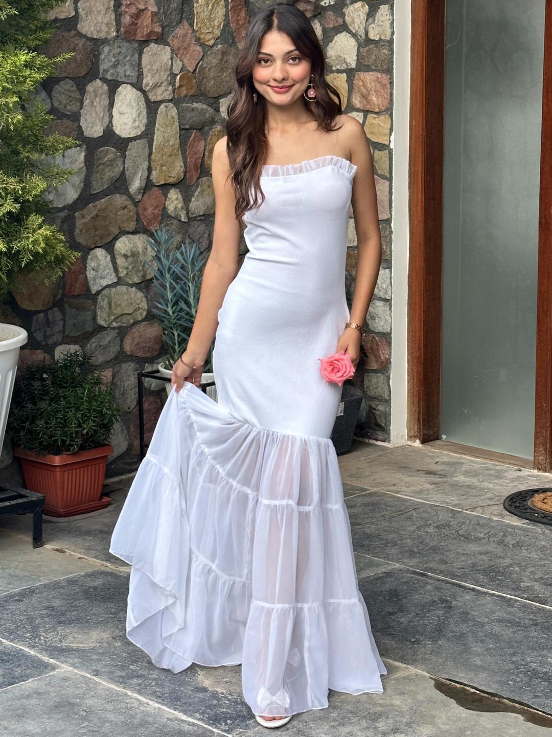 TANDUL Women White Strapless Ruffled-Hem Bodycon Maxi Dress