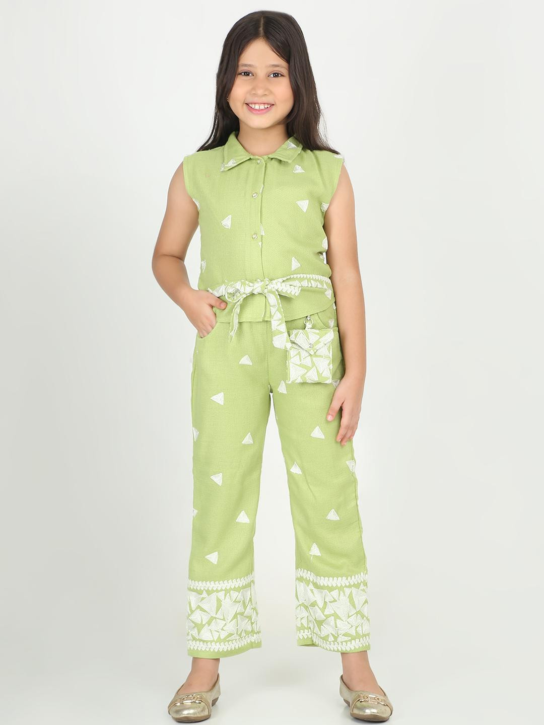 Be Kids Girls Green Triangle Embroidered Sleeveless Cotton Blend Pant co-ord Set