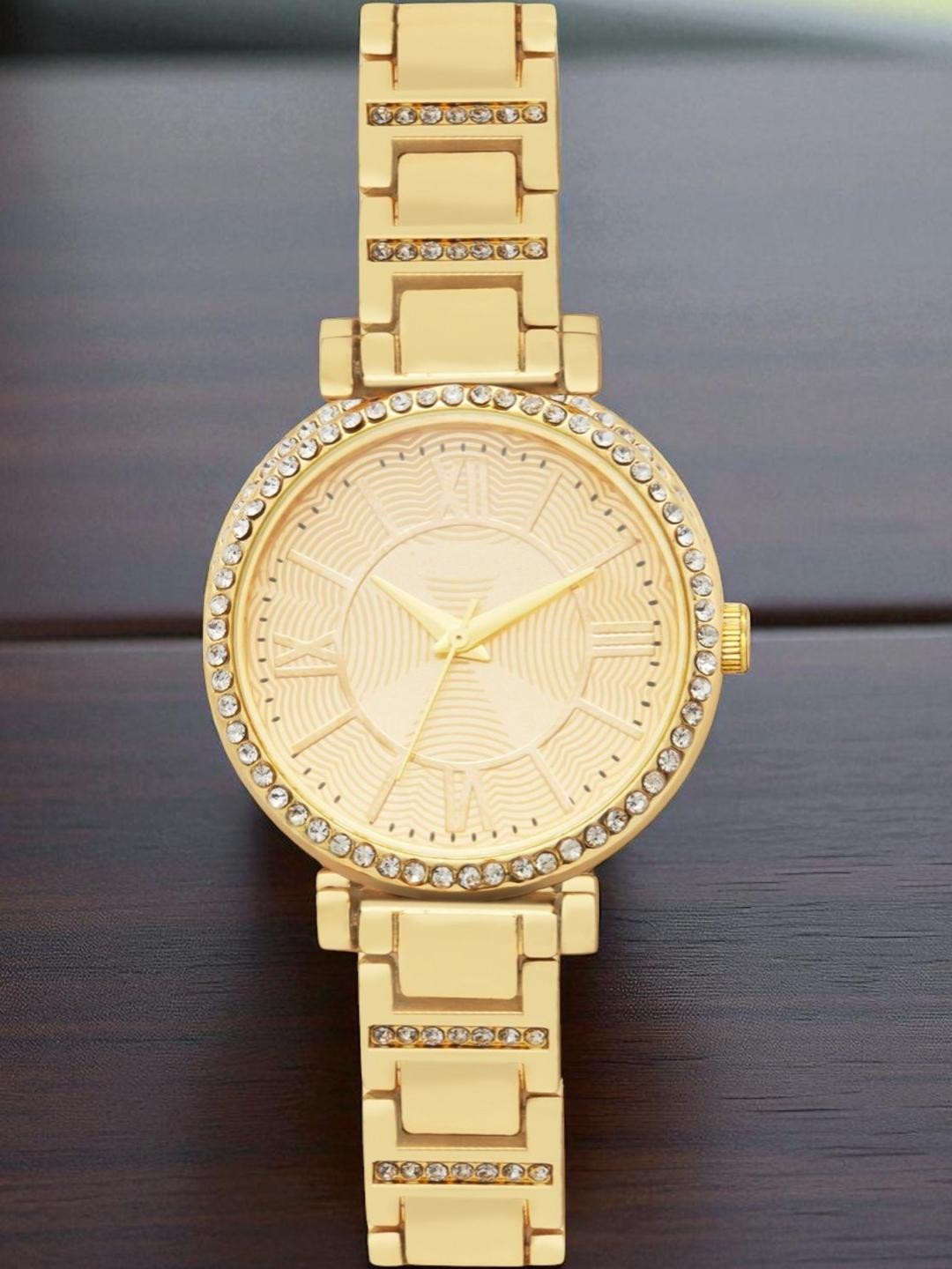 SZN Women Gold Toned Artificial Stones Studded Stainless Steel Analogue Watch
