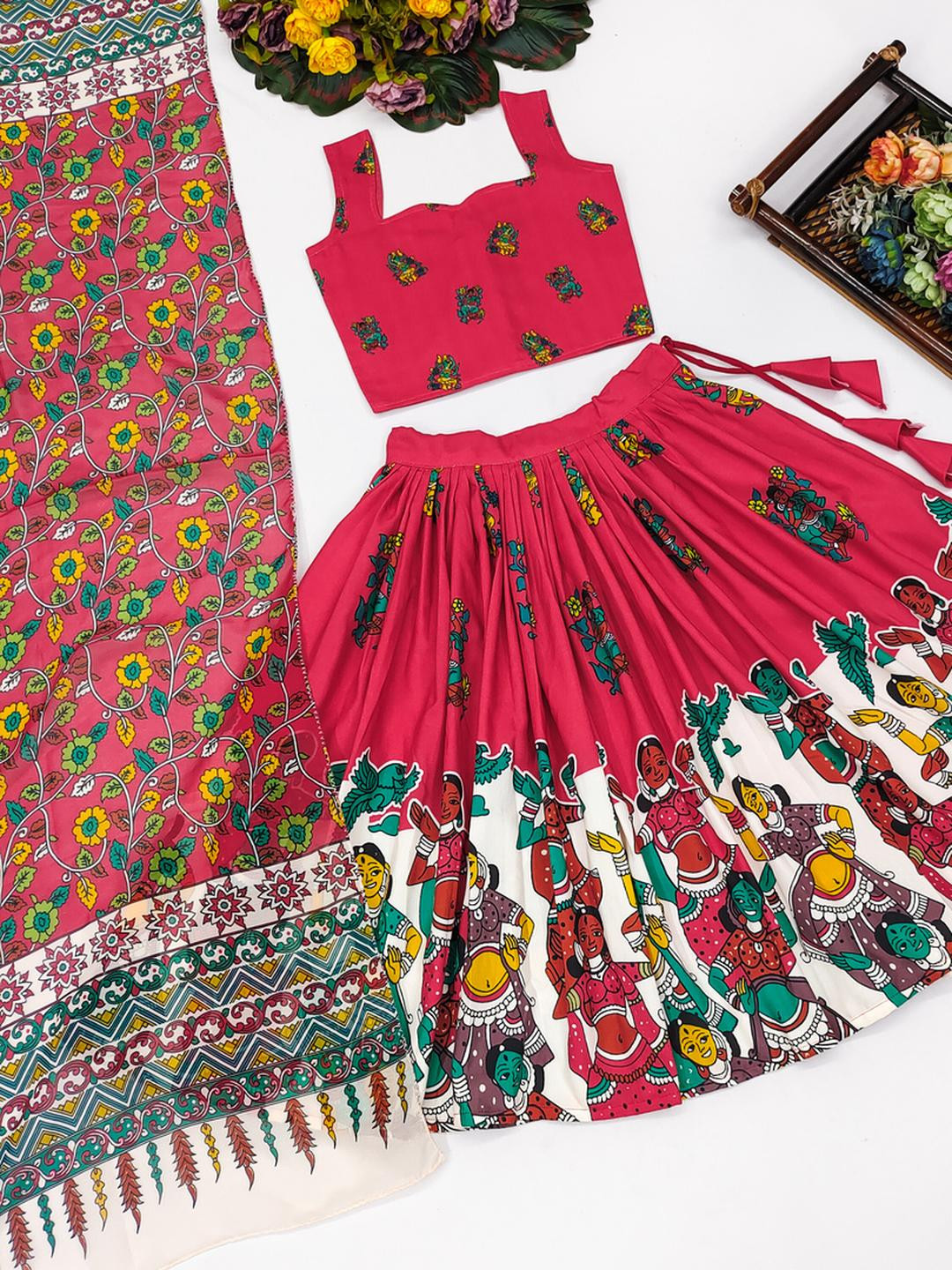 RJ ONLINE Girl Printed Kalamkari Ready To Wear Lehenga Set