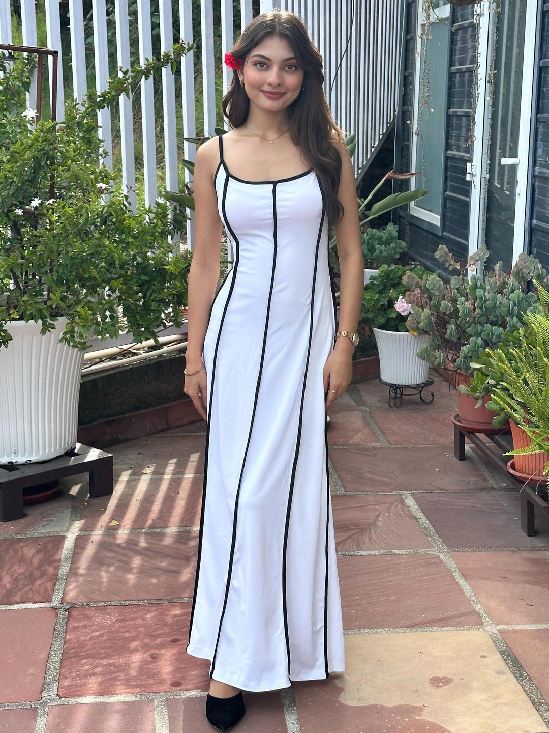 TANDUL Women White And Black Striped Maxi Dress