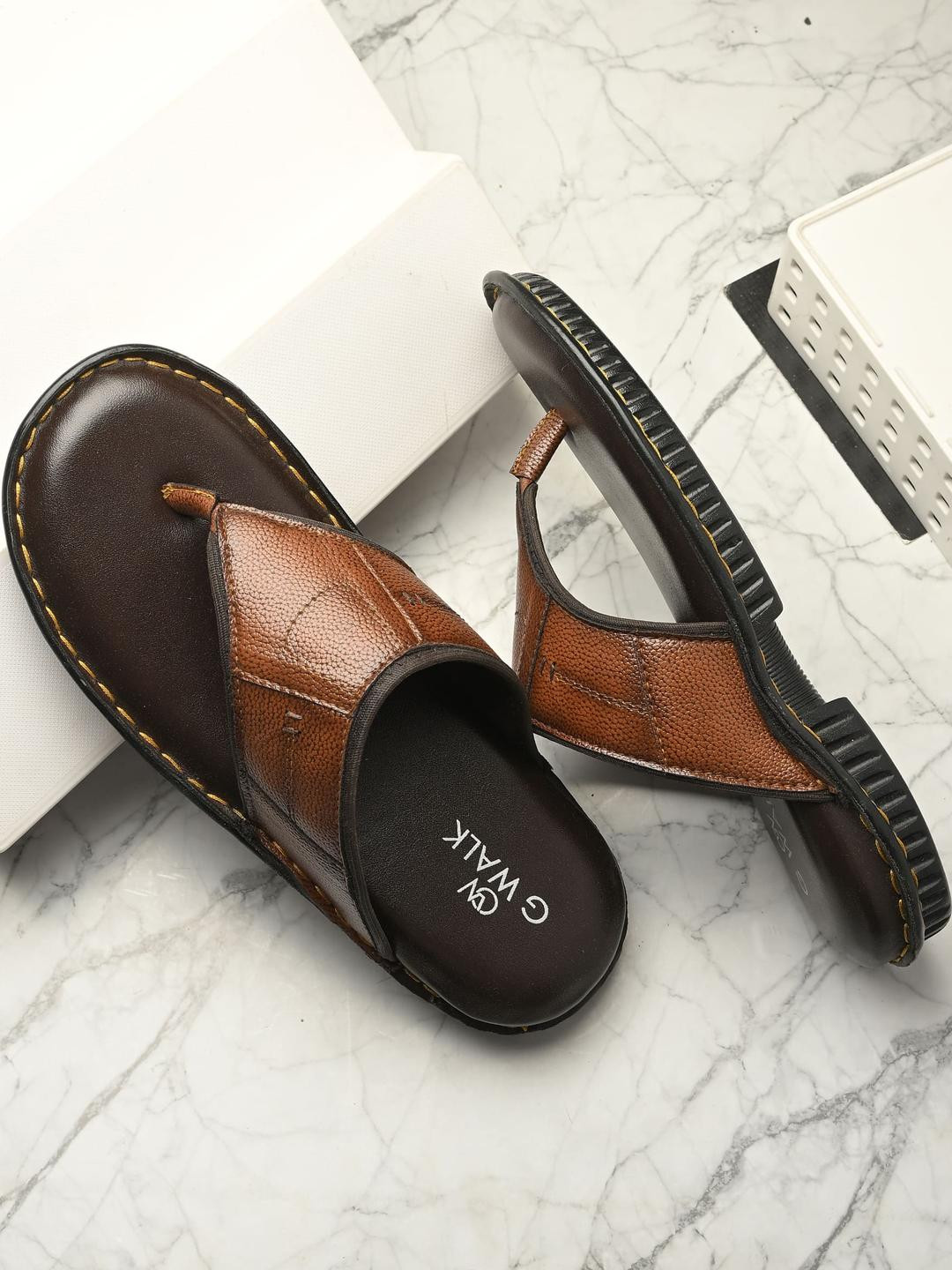 GWALK Men Tan T-Strap Slip on