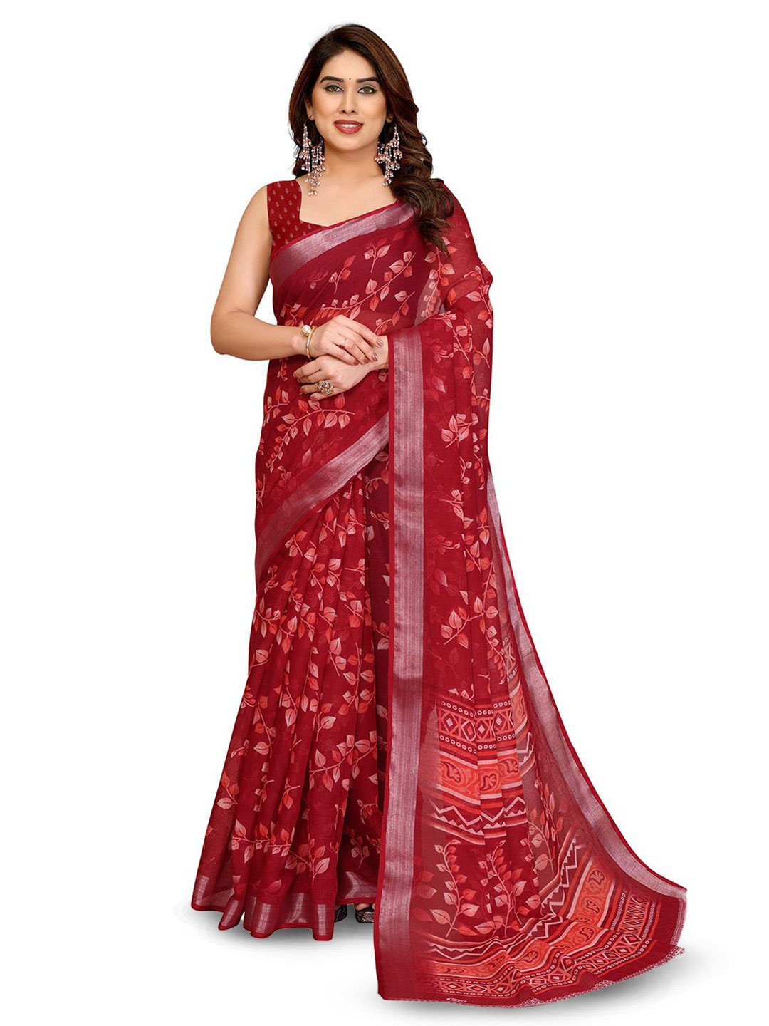 Moda Rapido Women Ethnic Leaf Motifs Printed Zari Border saree with silver Jari