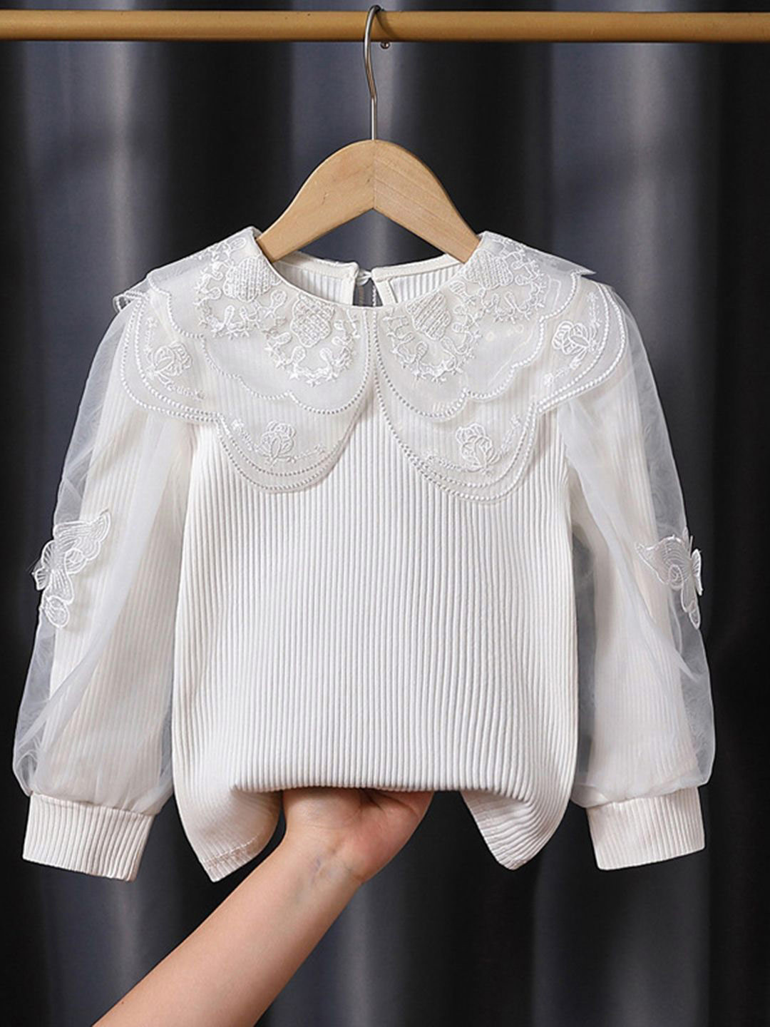 YK Girls Ribbed Peter Pan Collar Embroidered Cotton Top