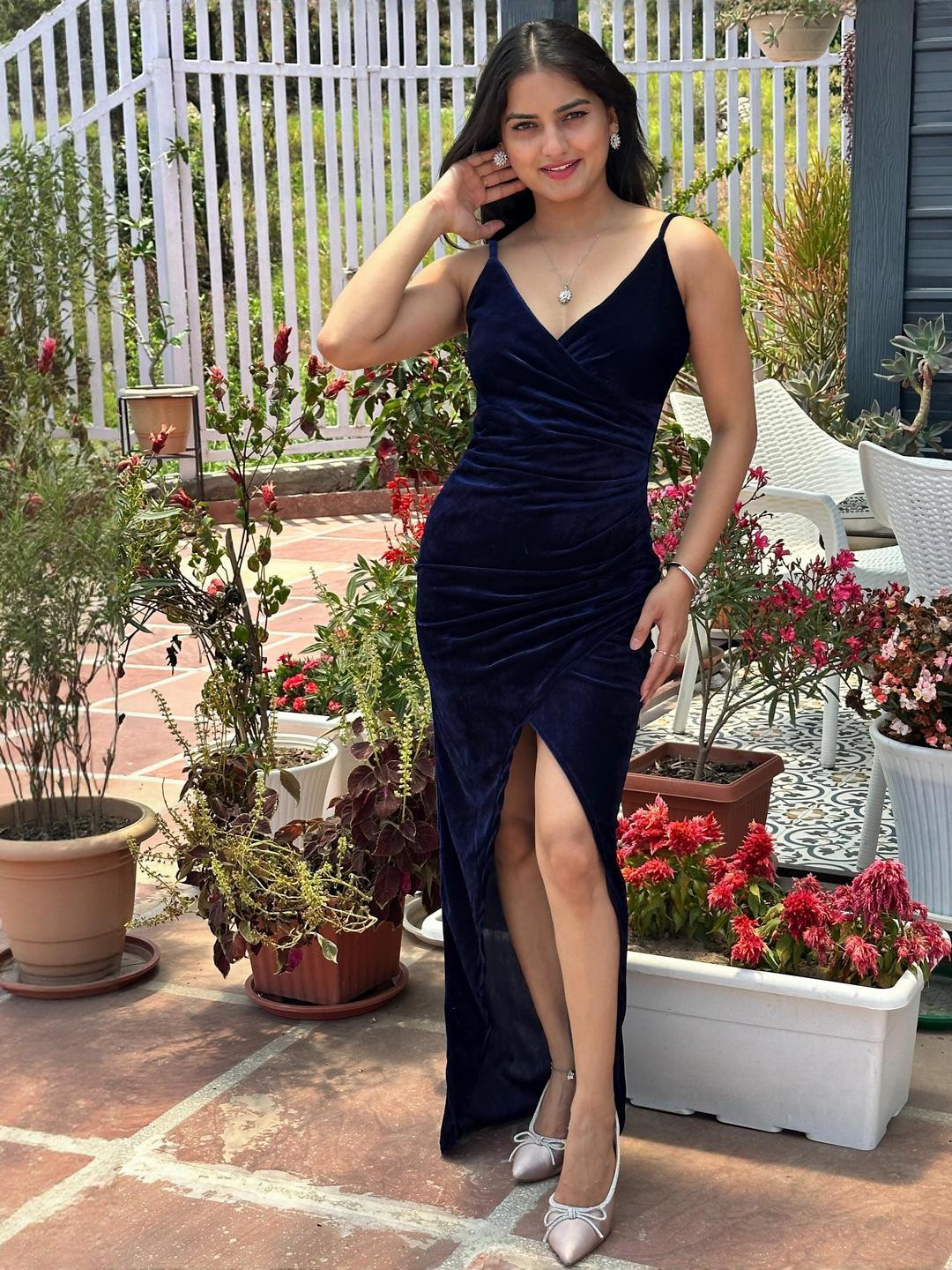 TANDUL Velvet Blue Bodycon Dress