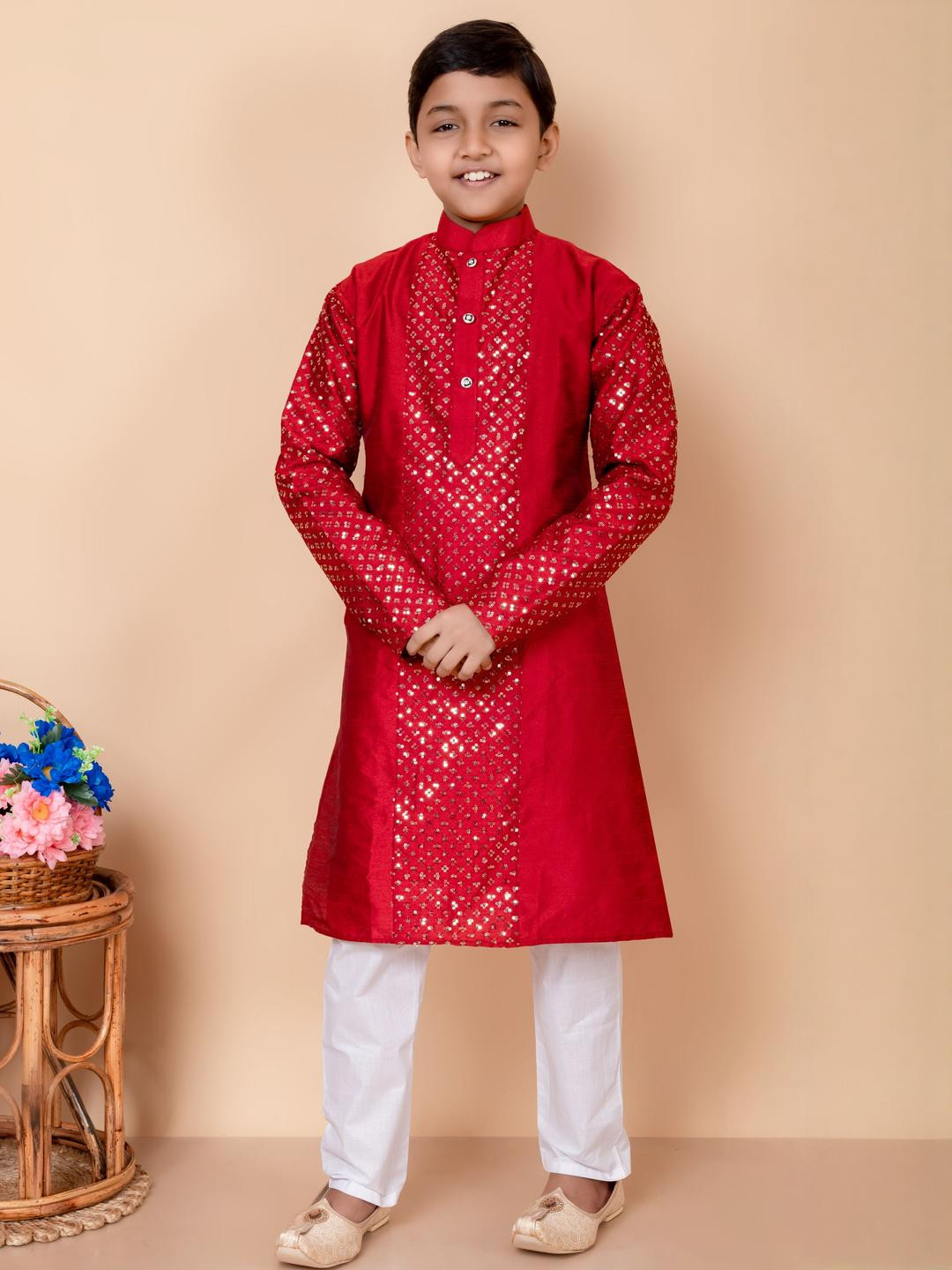 HUMAN CHOICE Boys Maroon Dupion Silk Embroidered Kurta & Pyjamas