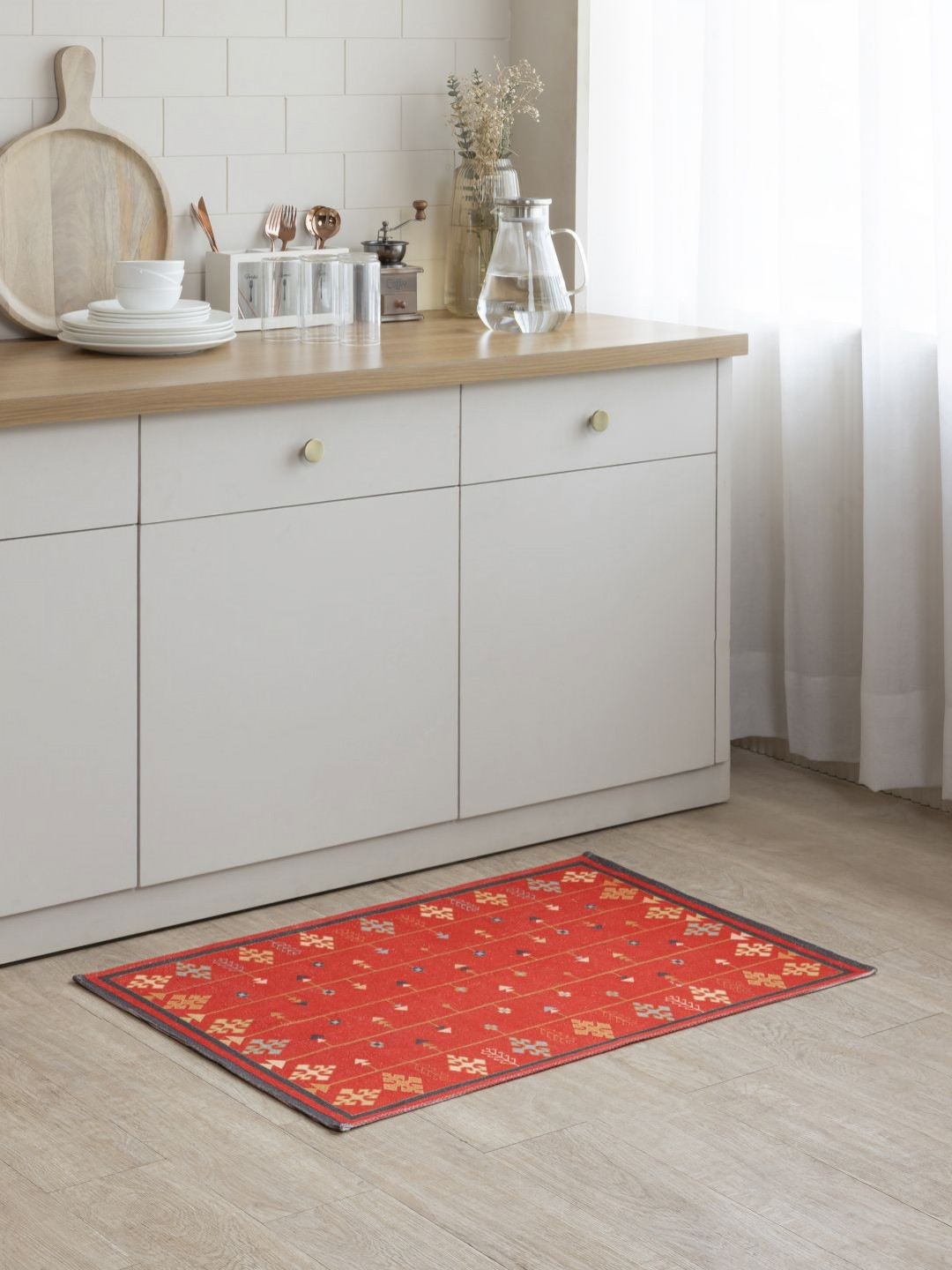 THEGASBH Red & Beige Bohemian Patterned Cotton Doormat