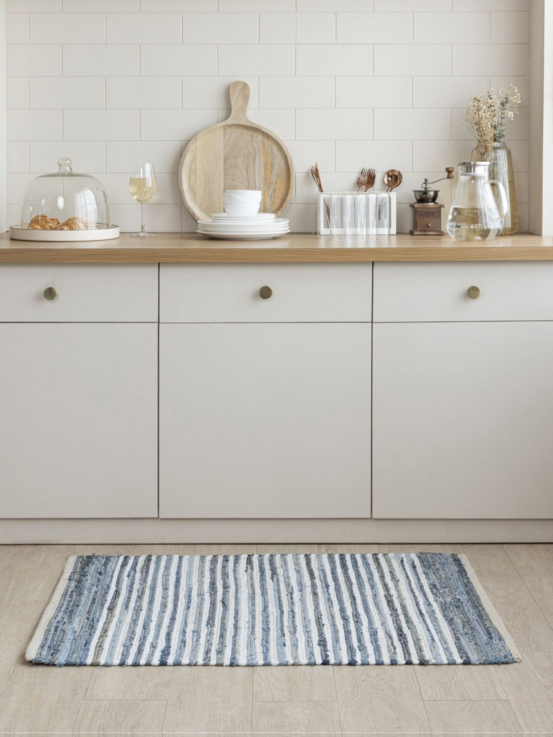 THEGASBH Blue & White Striped Cotton Reversible Kitchen Rug