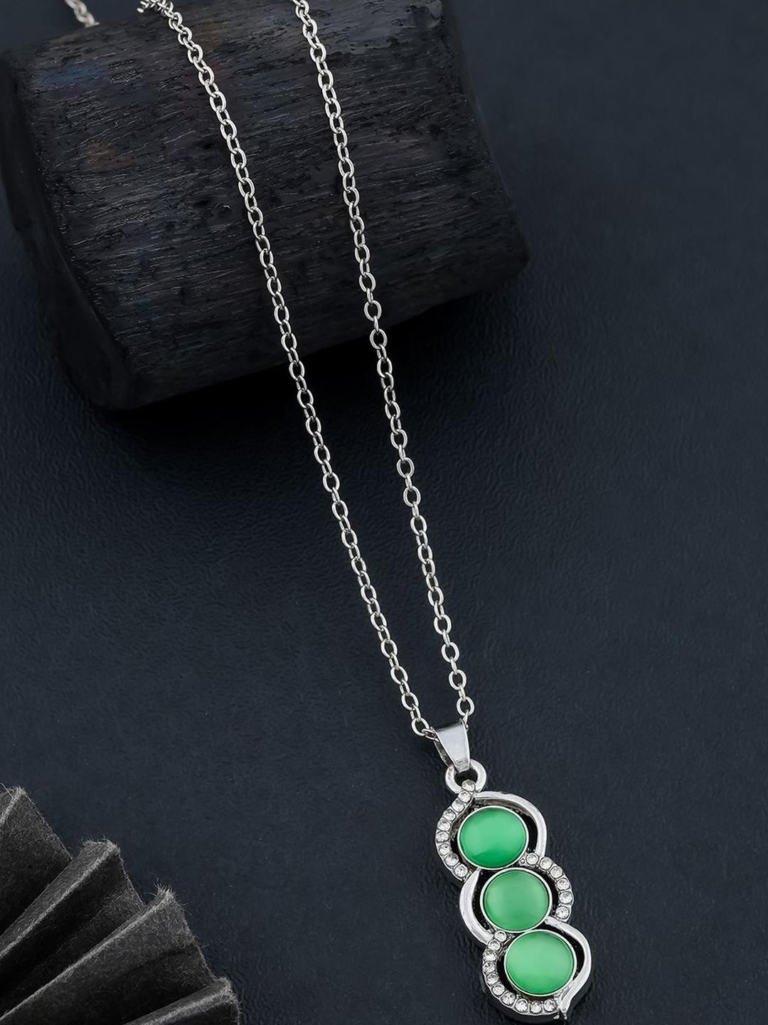 DressBerry Silver-Plated Triple Green Stone & CZ Studded Pendant Necklace